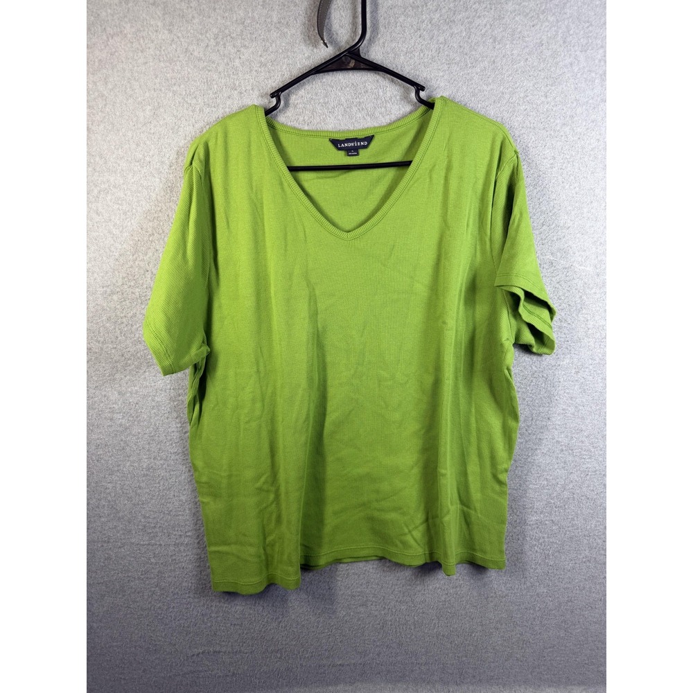 Lands' End Shirt Womens XL Green V Neck Short Sleeve Cotton Knit Casual Top